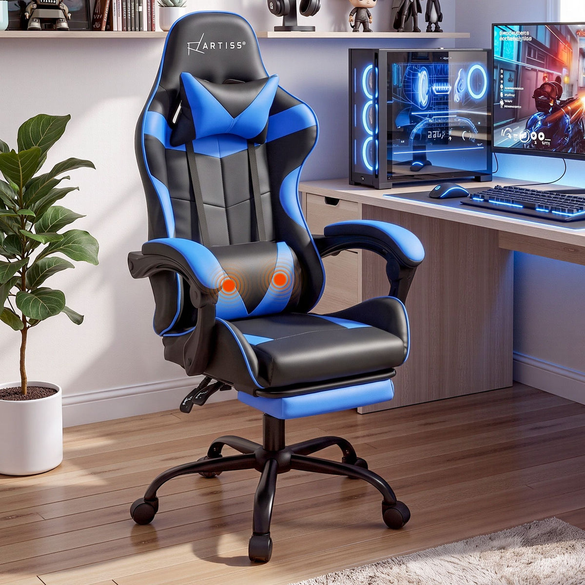 Gaming Office Chair with Footrest 2-Point Massage - Blue