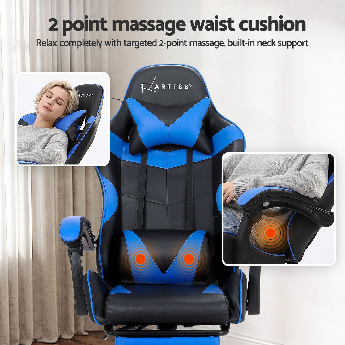 Gaming Office Chair with Footrest 2-Point Massage - Blue