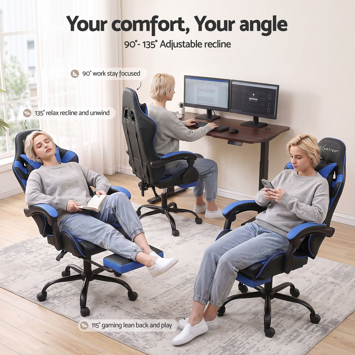 Gaming Office Chair with Footrest 2-Point Massage - Blue
