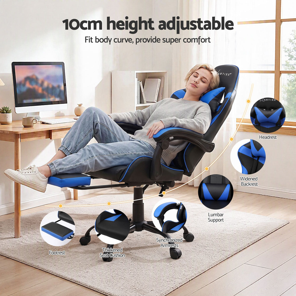 Gaming Office Chair with Footrest 2-Point Massage - Blue