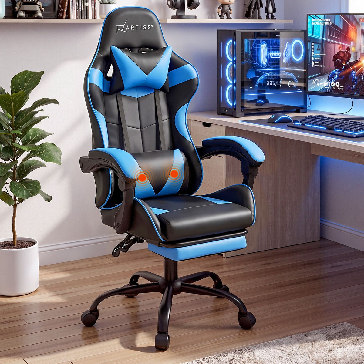 Artiss 2 Point Massage Gaming Office Chair Footrest Cyan Blue