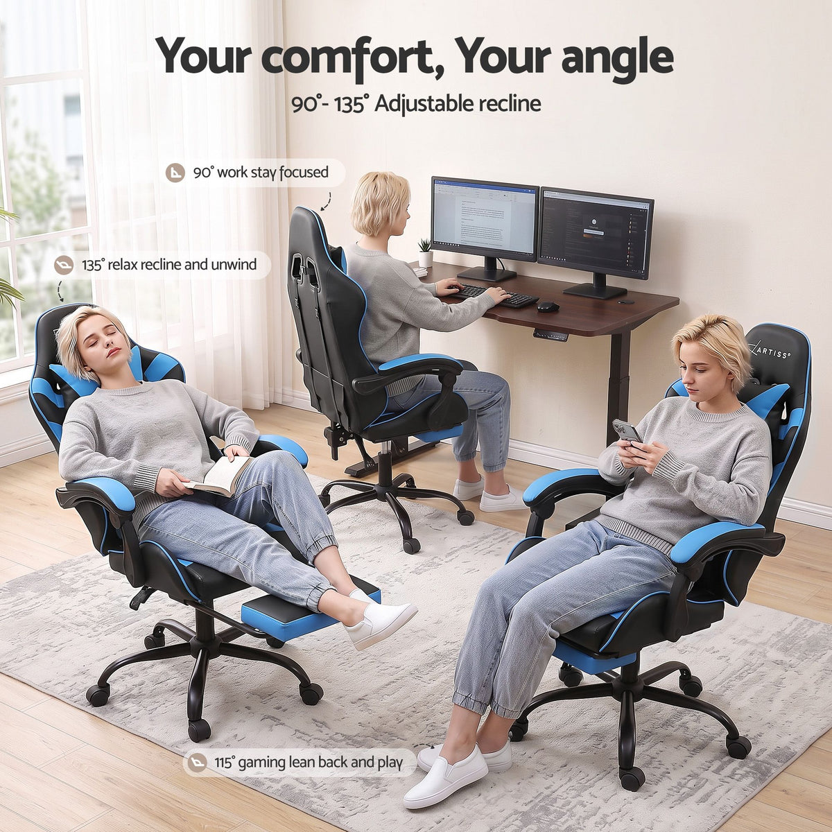 Artiss 2 Point Massage Gaming Office Chair Footrest Cyan Blue