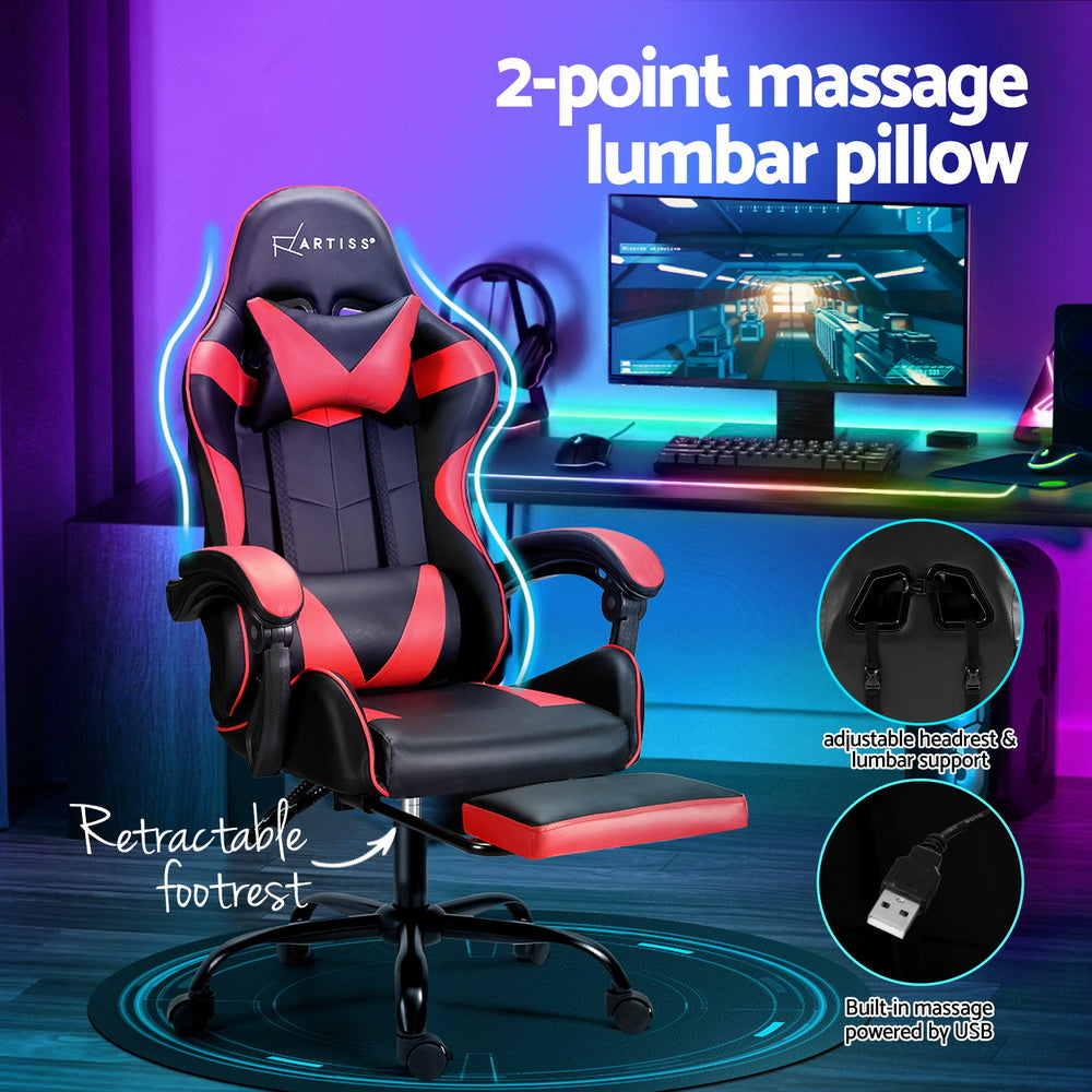 Gaming Office Chair 2 Point Massage with Footrest - Red