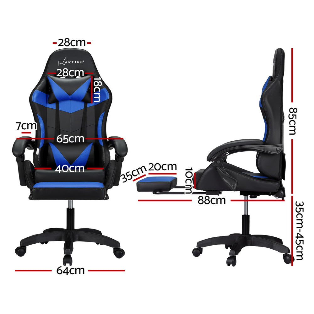 6 Point Massage Gaming Office Chair 7 LED Footrest Blue