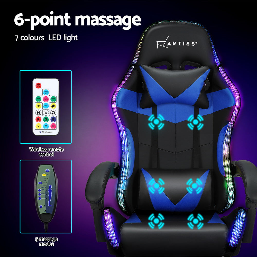 Gaming Office Chair 6 Point Massage 7 LED with Footrest - Blue