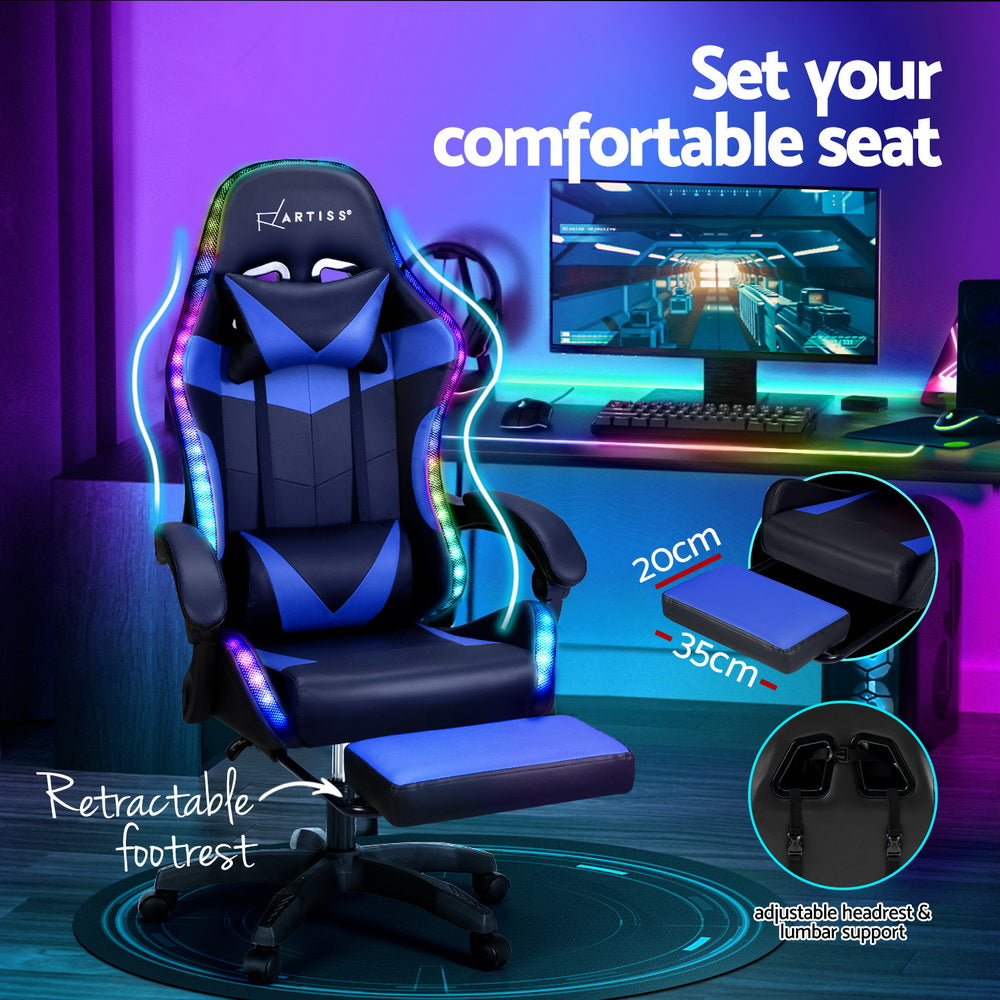 Gaming Office Chair 6 Point Massage 7 LED with Footrest - Blue