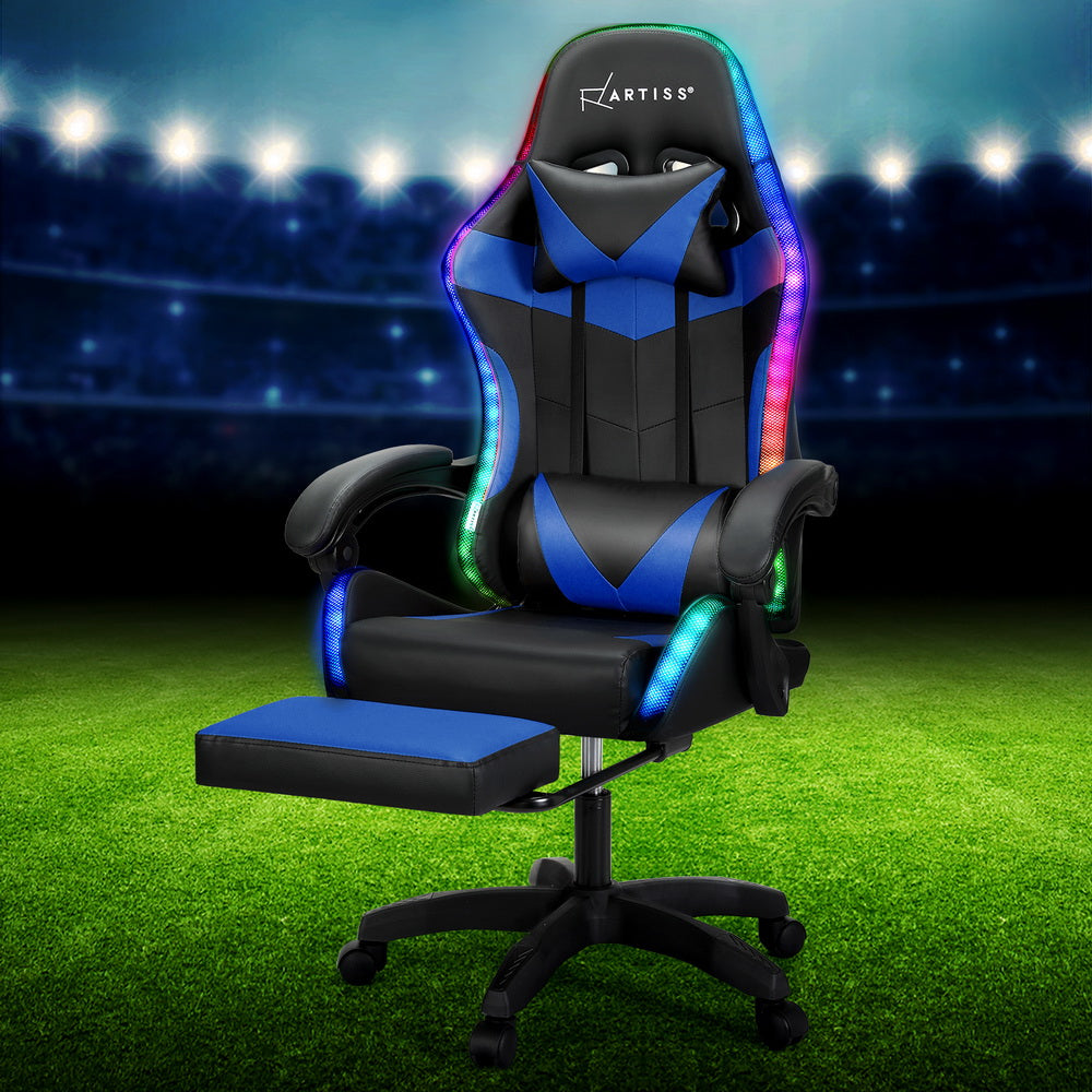 Gaming Office Chair 6 Point Massage 7 LED with Footrest - Blue