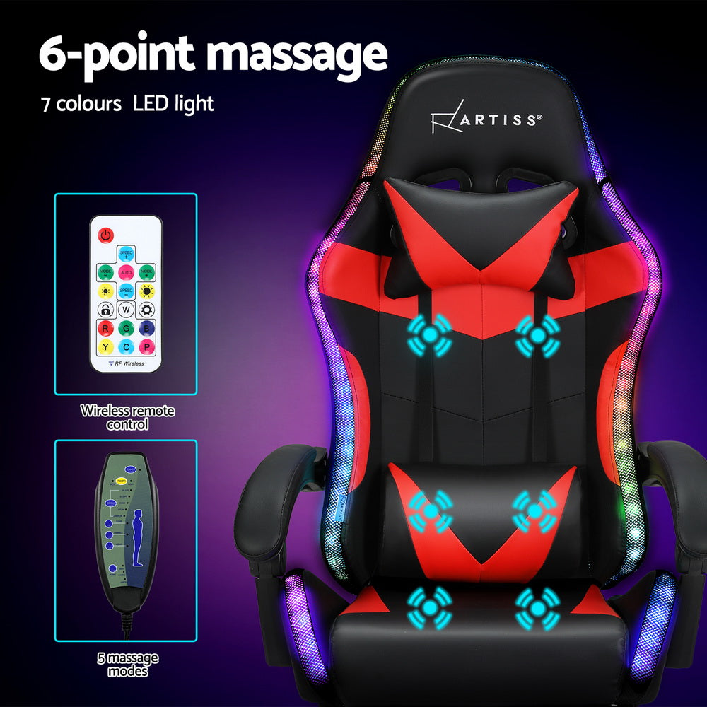 Gaming Office Chair 6 Point Massage 7 LED with Footrest - Red