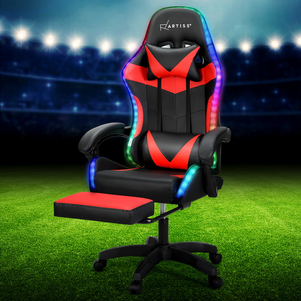 Gaming Office Chair 6 Point Massage 7 LED with Footrest - Red