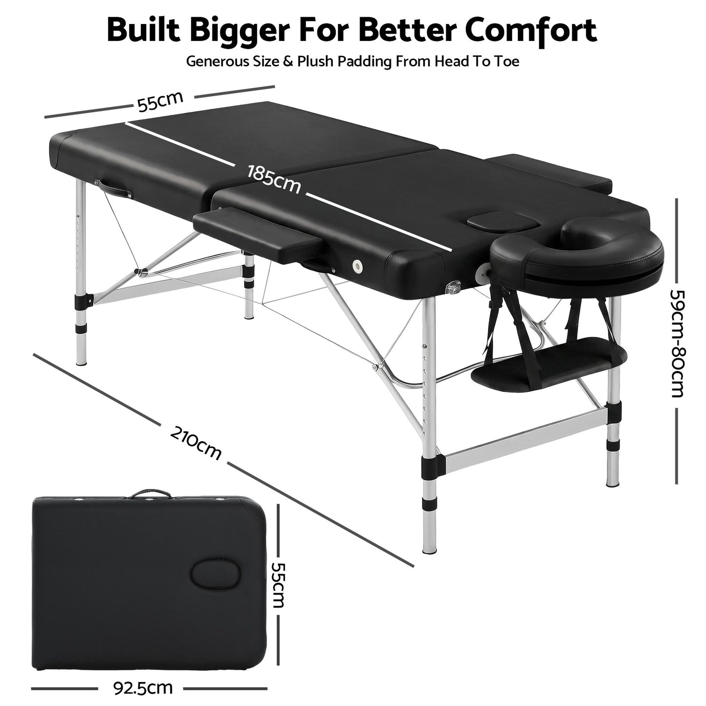 Massage Table, Aluminium 2‑Fold, 55 cm, Portable, Black