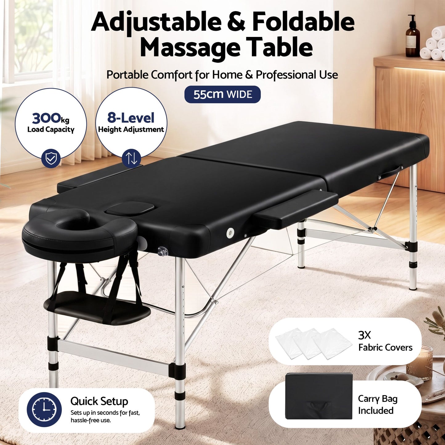 Massage Table, Aluminium 2‑Fold, 55 cm, Portable, Black