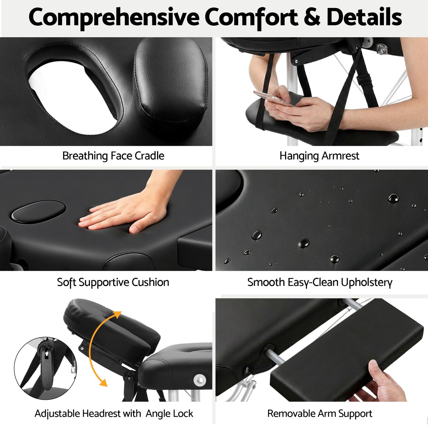 Massage Table, Aluminium 2‑Fold, 55 cm, Portable, Black