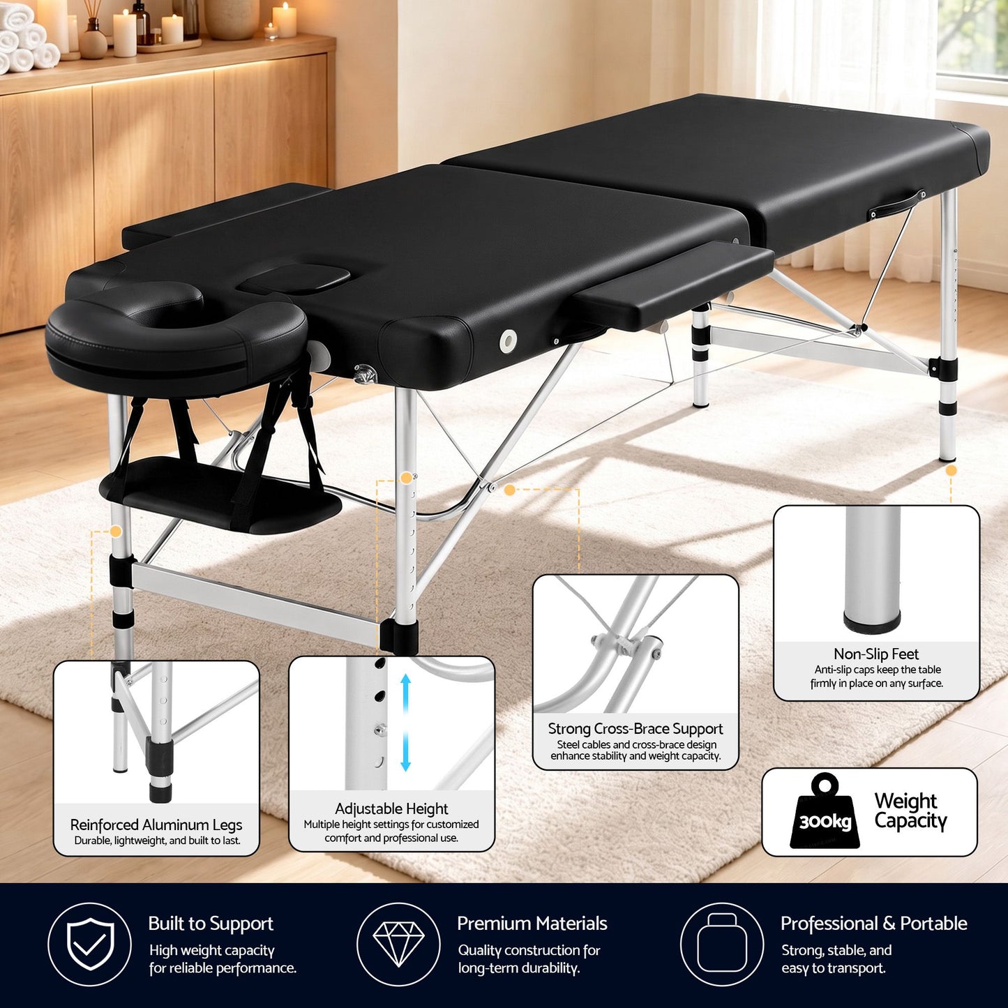 Massage Table, Aluminium 2‑Fold, 55 cm, Portable, Black
