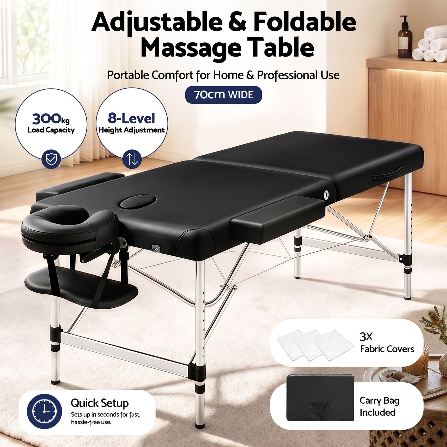 Portable Massage Table 70cm Wide Two-Fold Aluminium Treatment Beauty Therapy - Black