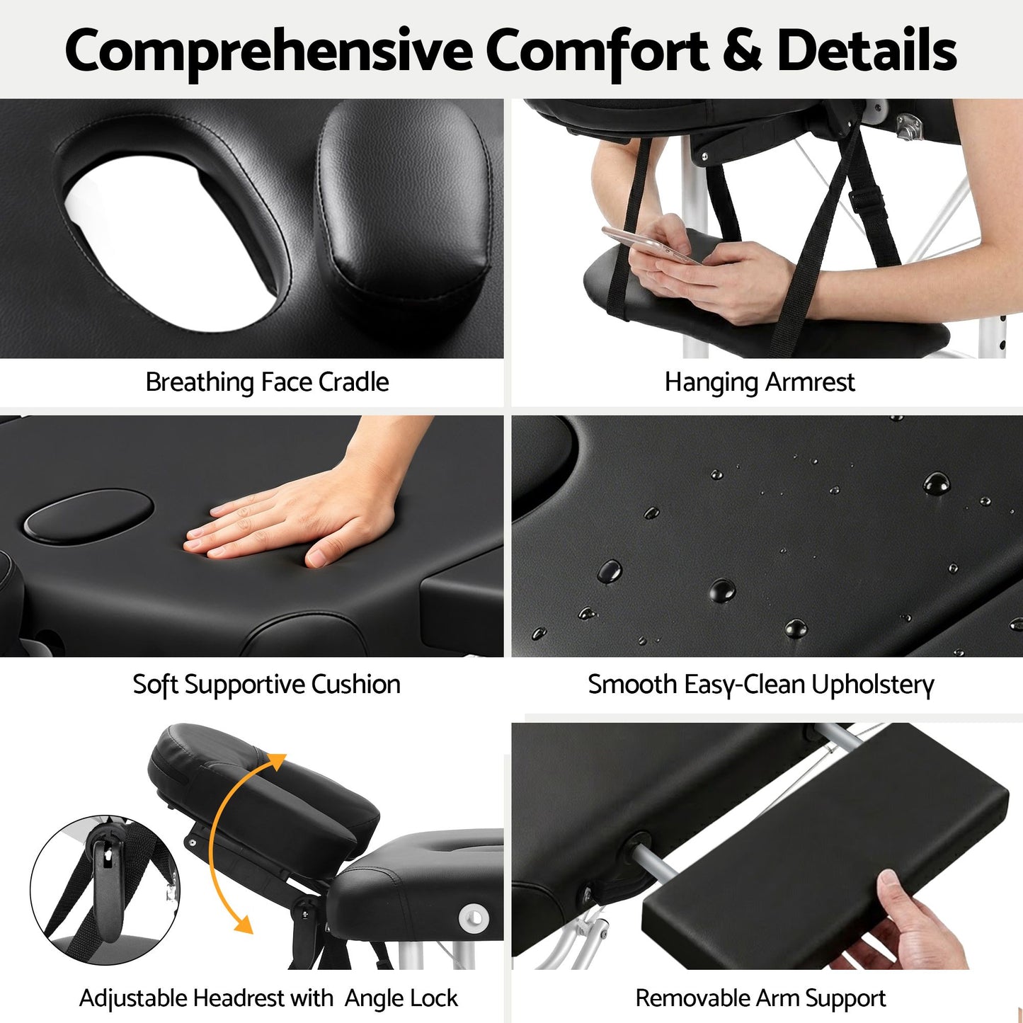 Portable Massage Table 70cm Wide Two-Fold Aluminium Treatment Beauty Therapy - Black