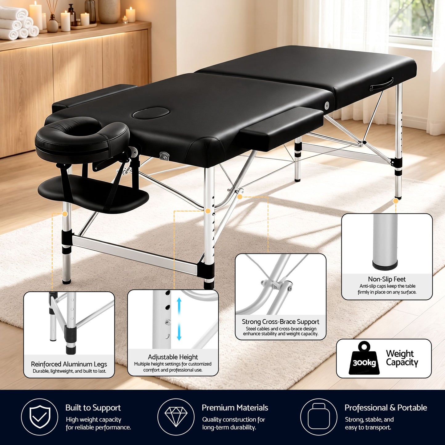 Portable Massage Table 70cm Wide Two-Fold Aluminium Treatment Beauty Therapy - Black