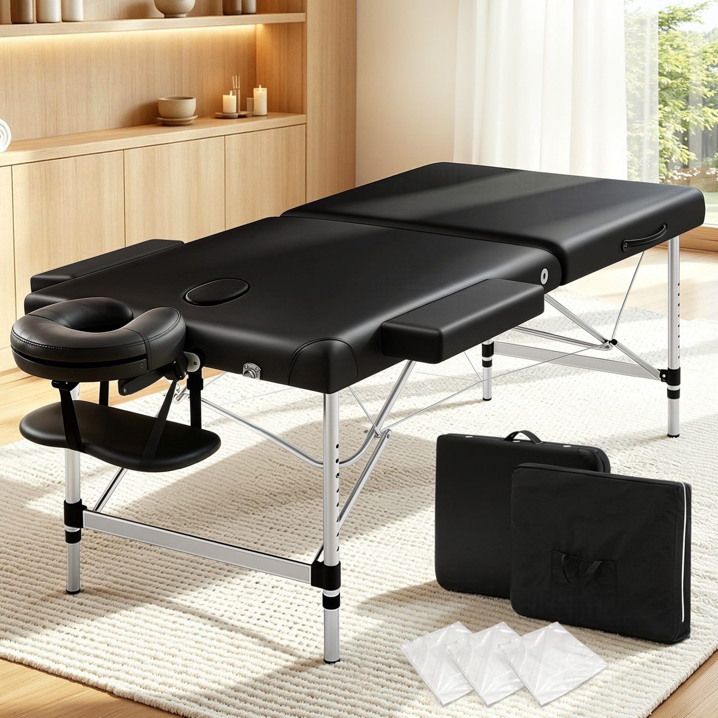 Massage Table Aluminium 2-Fold, Portable, Black