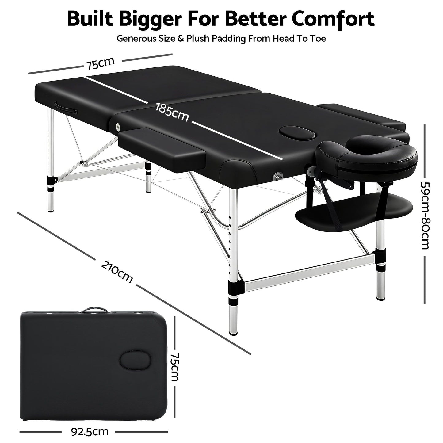 Massage Table Aluminium 2-Fold, Portable, Black