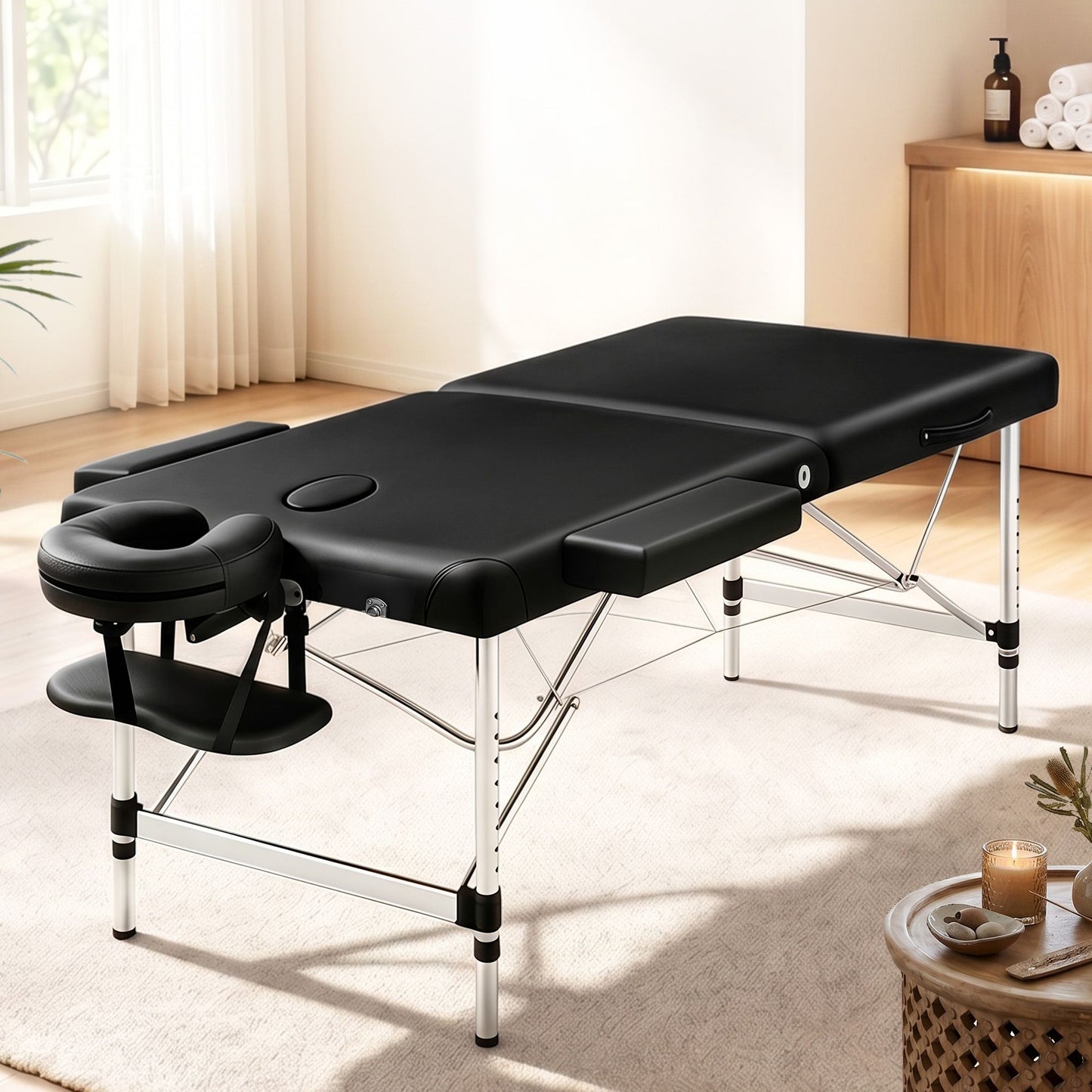 Massage Table Aluminium 2-Fold, Portable, Black