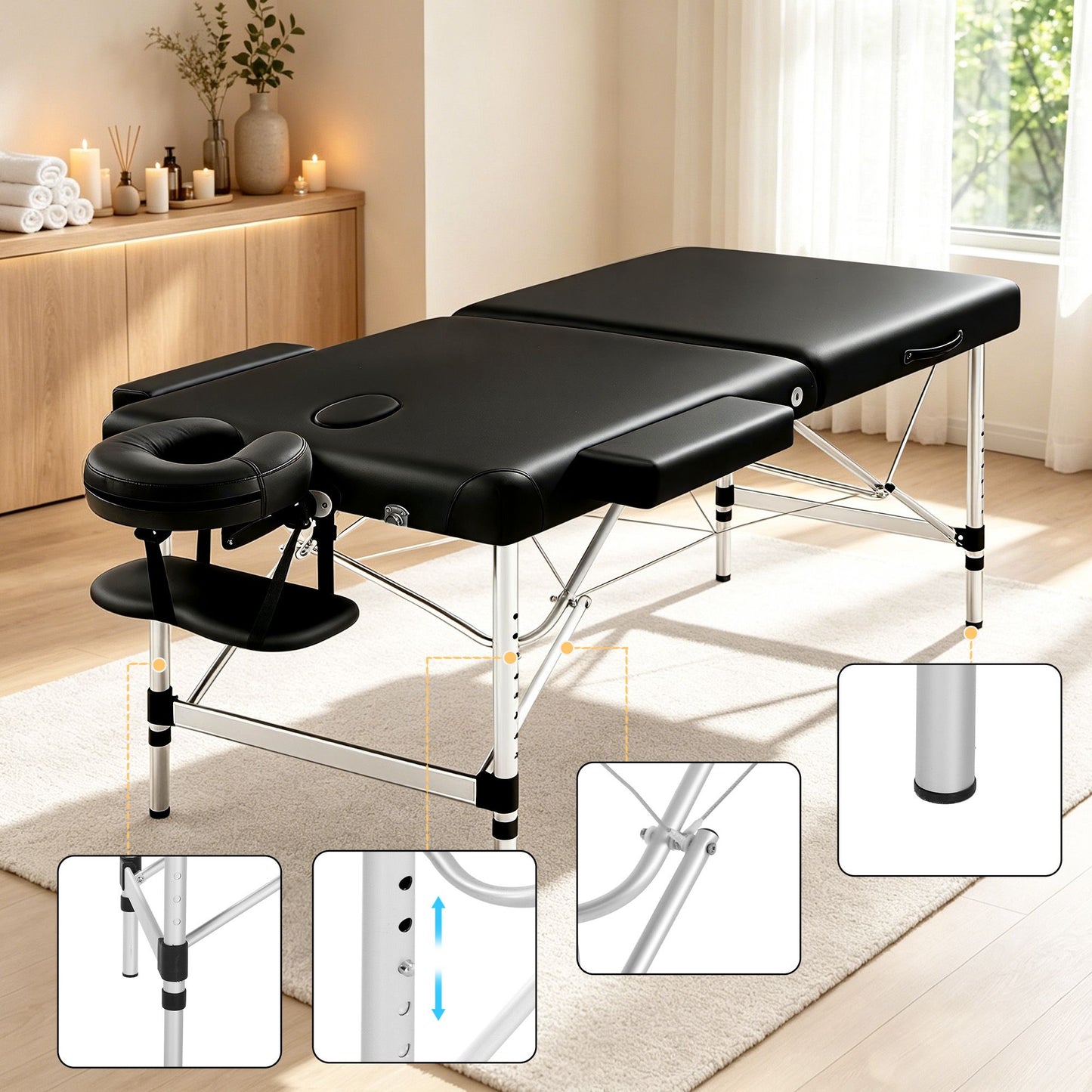 Massage Table Aluminium 2-Fold, Portable, Black