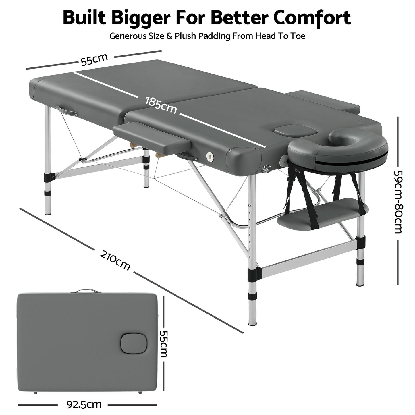 Massage Table 55cm Portable 2-Fold Aluminium Beauty Bed - Grey