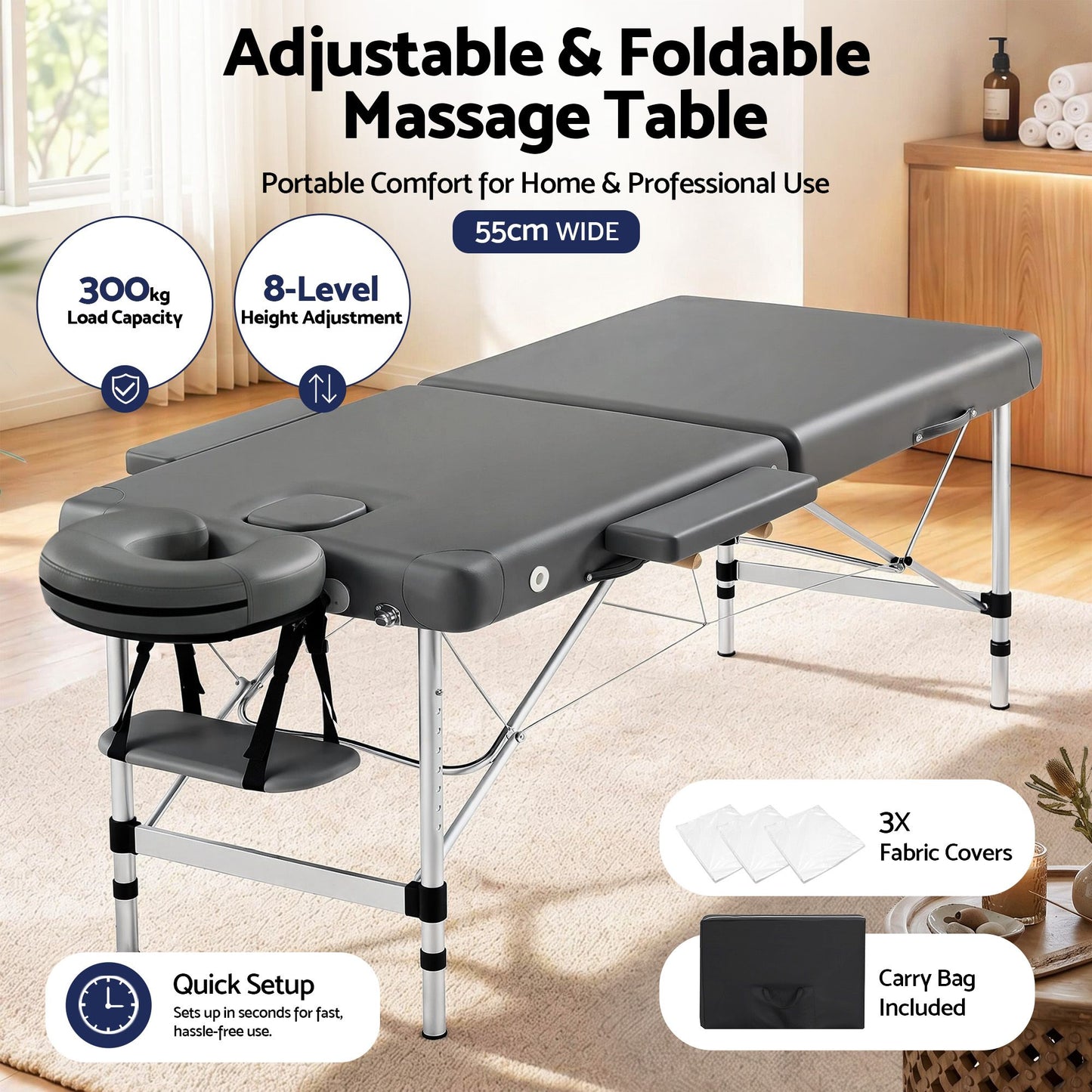 Massage Table 55cm Portable 2-Fold Aluminium Beauty Bed - Grey