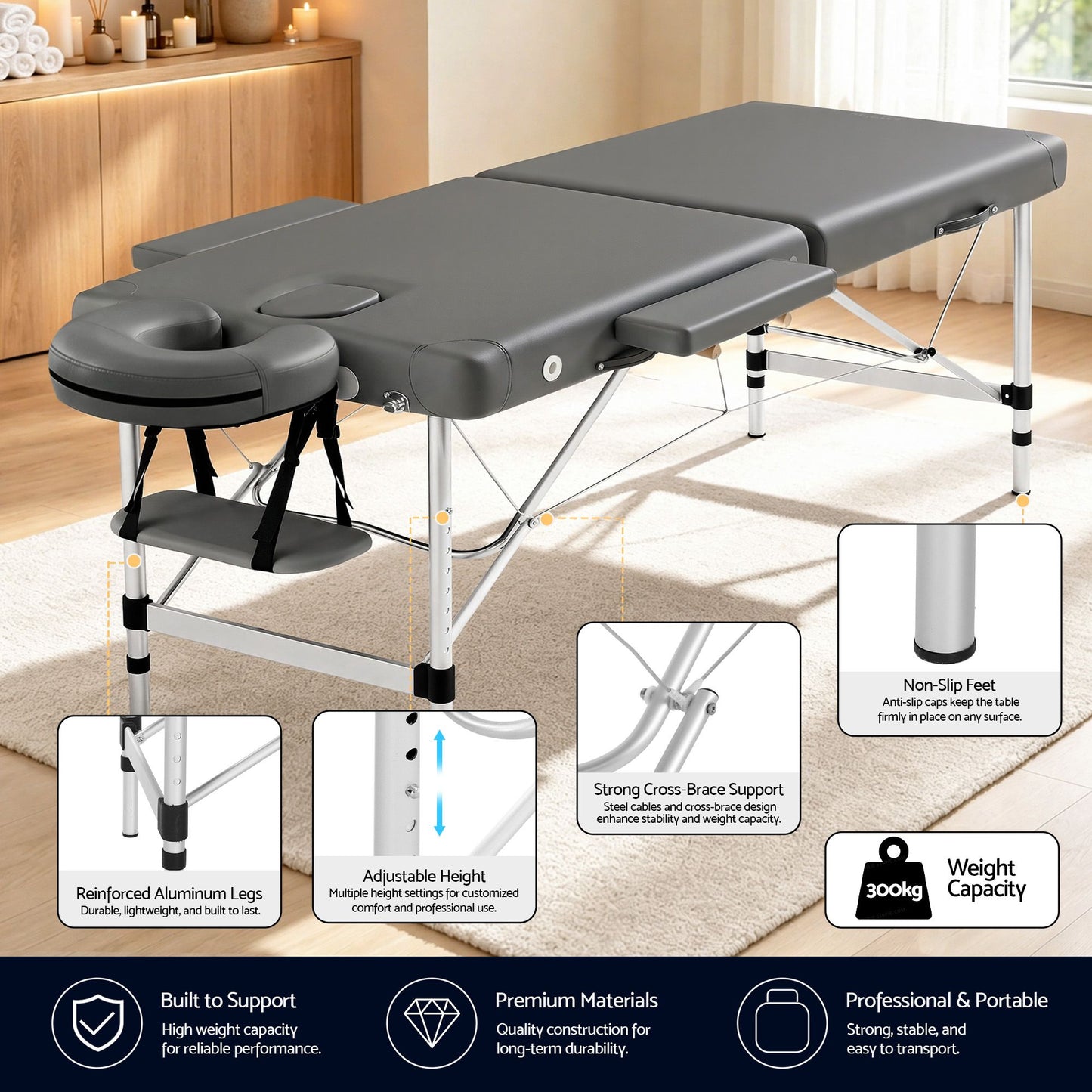 Massage Table 55cm Portable 2-Fold Aluminium Beauty Bed - Grey