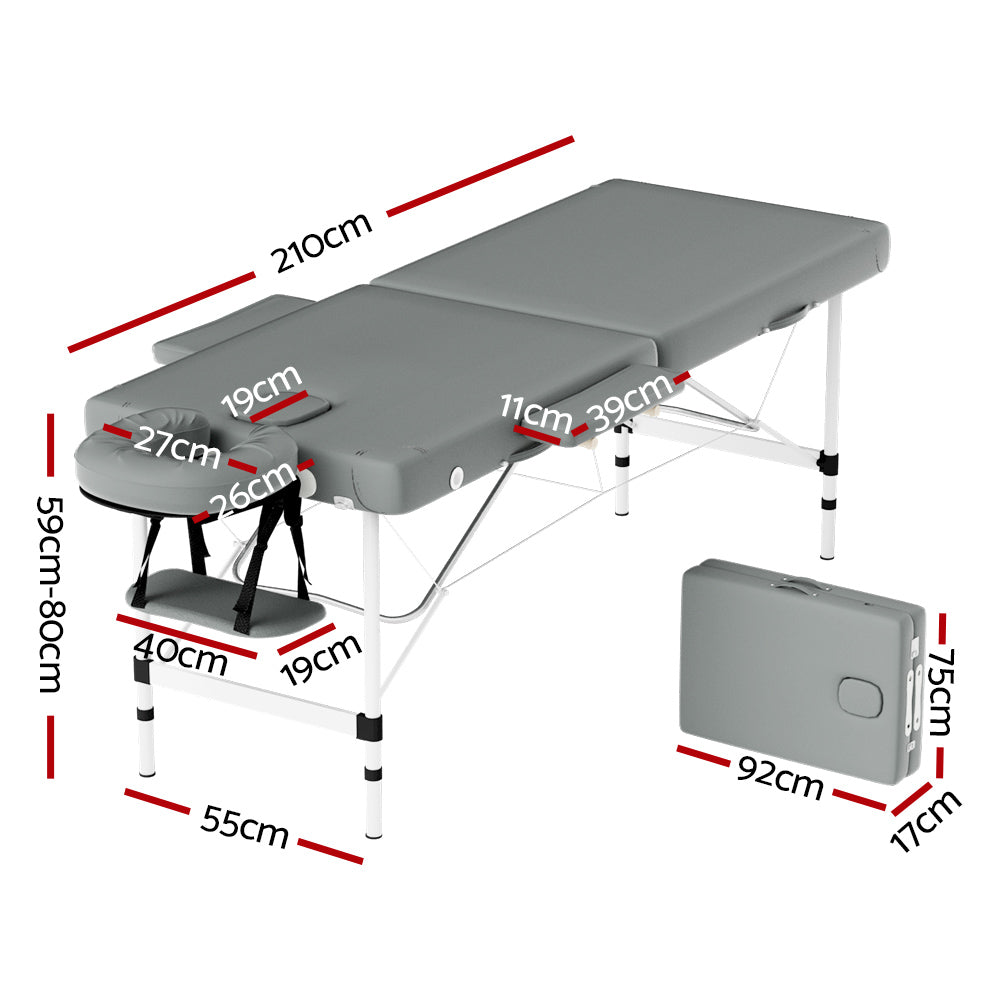 Massage Table 55cm Portable 2-Fold Aluminium Beauty Bed - Grey