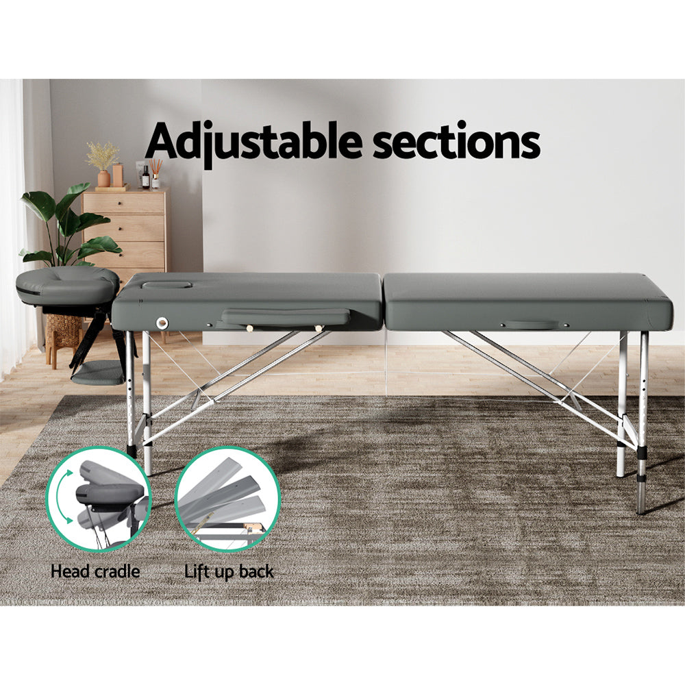 Massage Table 55cm Portable 2-Fold Aluminium Beauty Bed - Grey