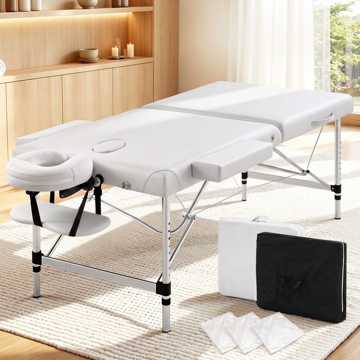 Massage Table Portable Aluminium 75cm Wide Two Fold Treatment Beauty Therapy White