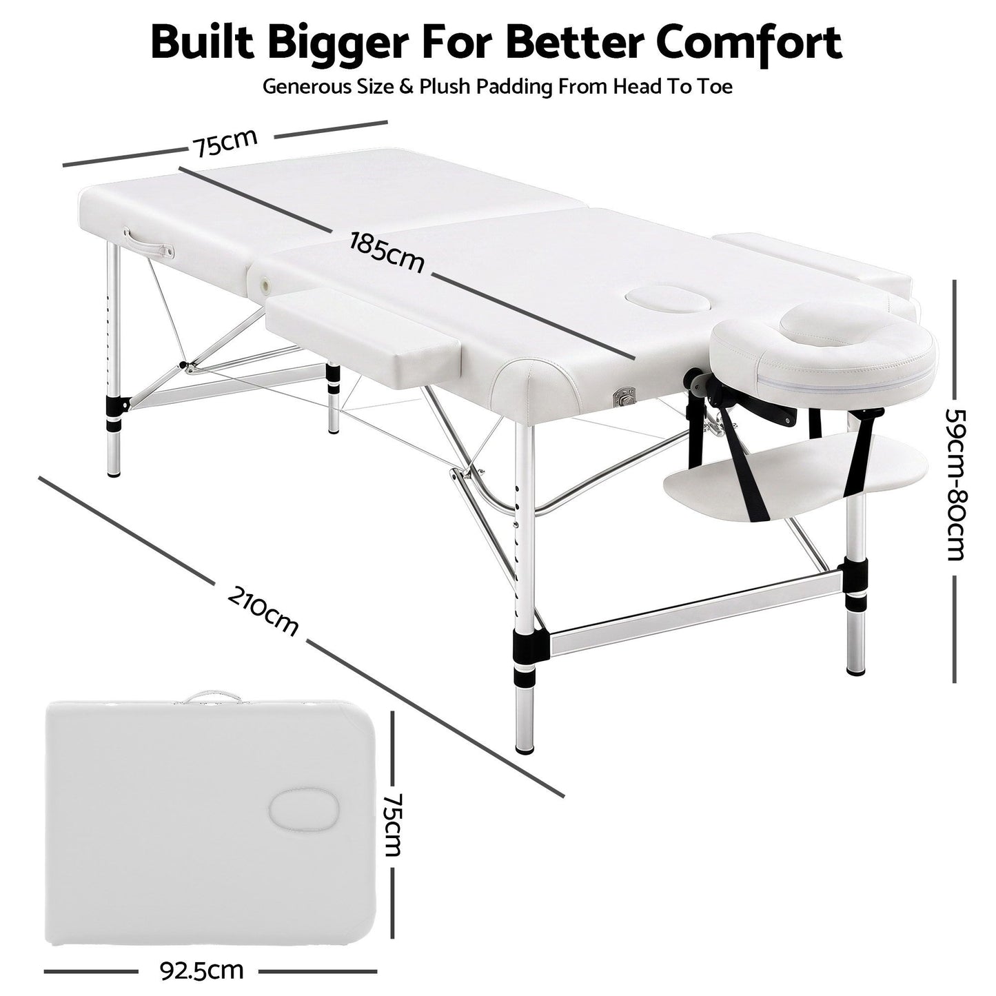 Massage Table Portable Aluminium 75cm Wide Two Fold Treatment Beauty Therapy White