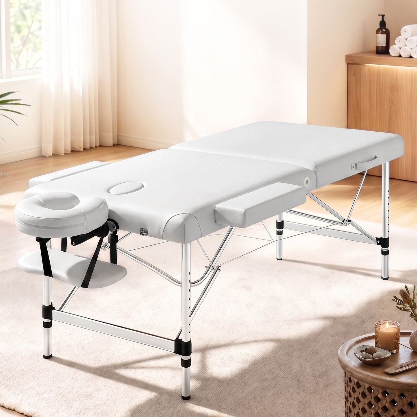 Massage Table Portable Aluminium 75cm Wide Two Fold Treatment Beauty Therapy White