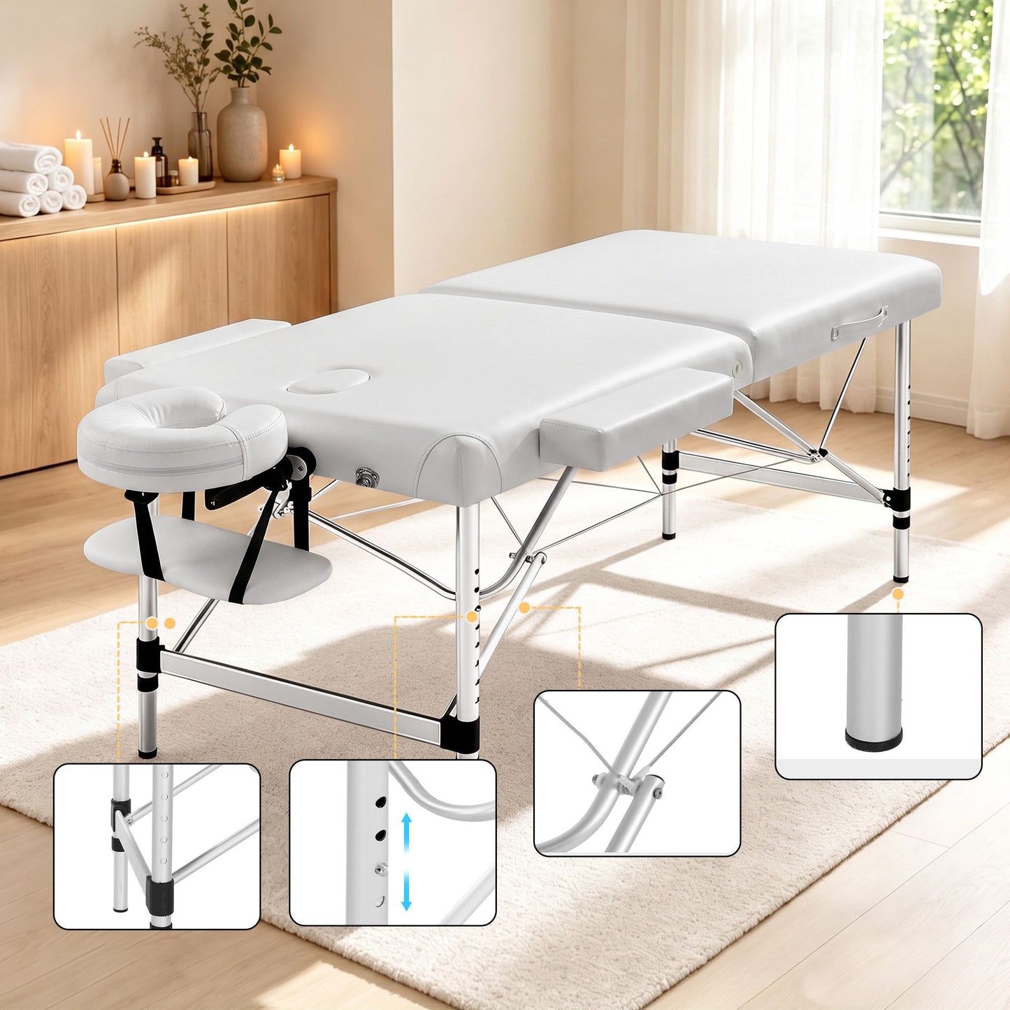 Massage Table Portable Aluminium 75cm Wide Two Fold Treatment Beauty Therapy White