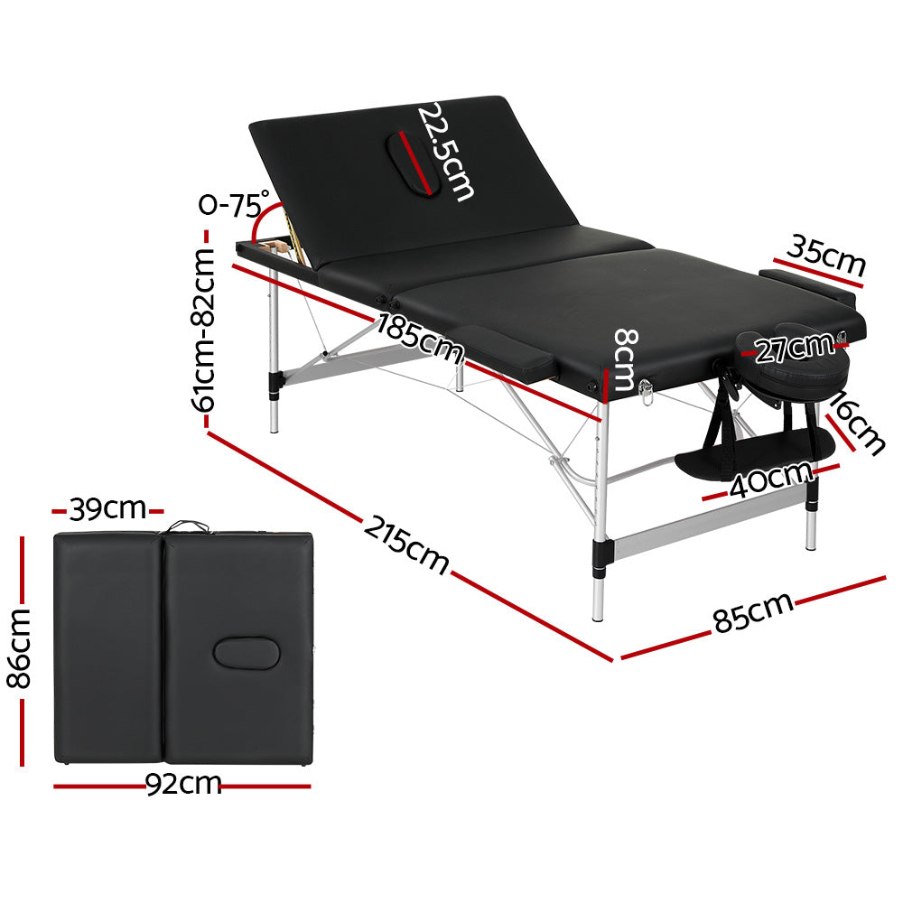 Massage Table 85CM Portable 3-Fold Aluminium Beauty Bed - Black