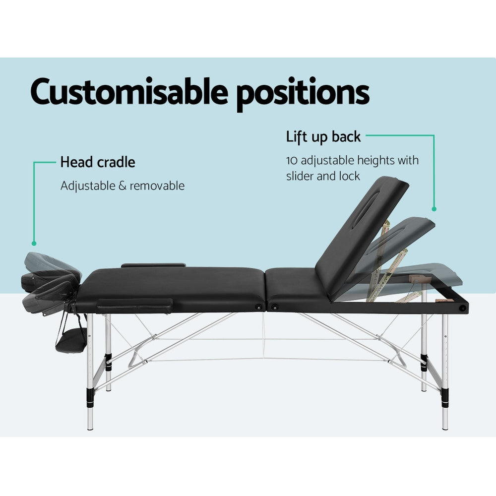 Massage Table 85CM Portable 3-Fold Aluminium Beauty Bed - Black