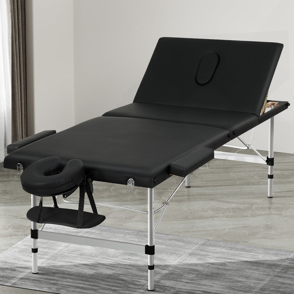 Massage Table 85CM Portable 3-Fold Aluminium Beauty Bed - Black