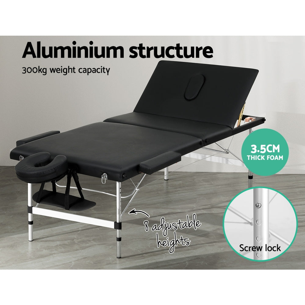 Massage Table 85CM Portable 3-Fold Aluminium Beauty Bed - Black