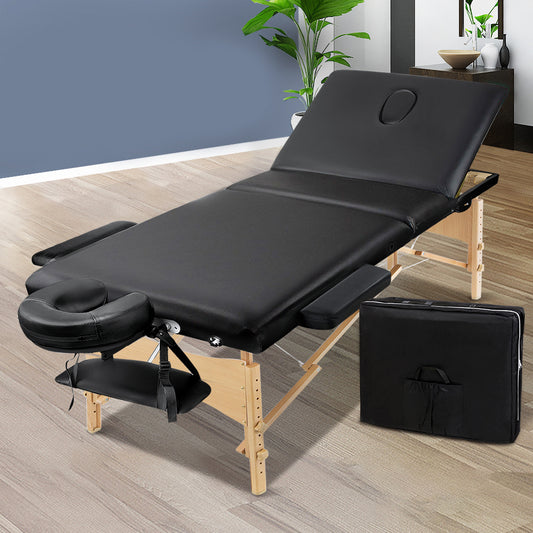 Wooden Massage Table Portable 75cm Wide 3-Fold Treatment Beauty Therapy - Black