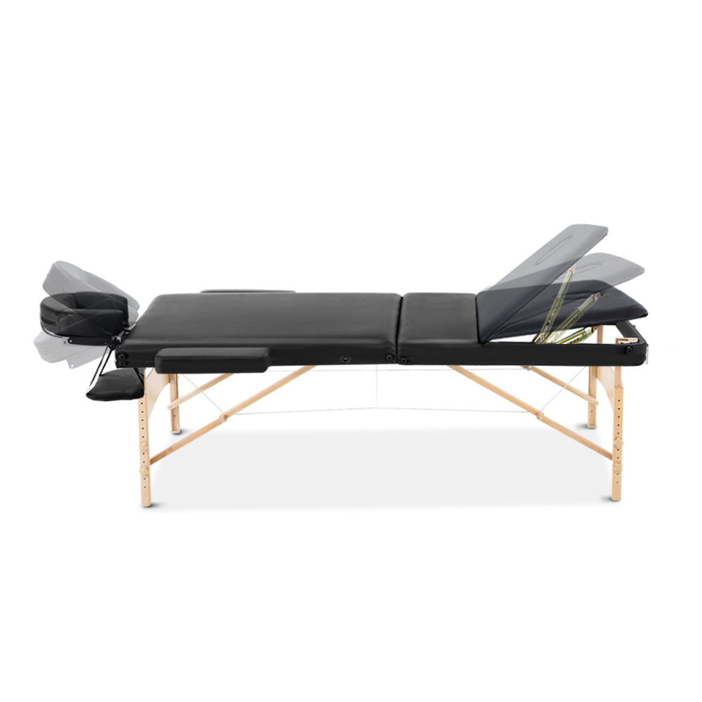 Wooden Massage Table Portable 75cm Wide 3-Fold Treatment Beauty Therapy - Black
