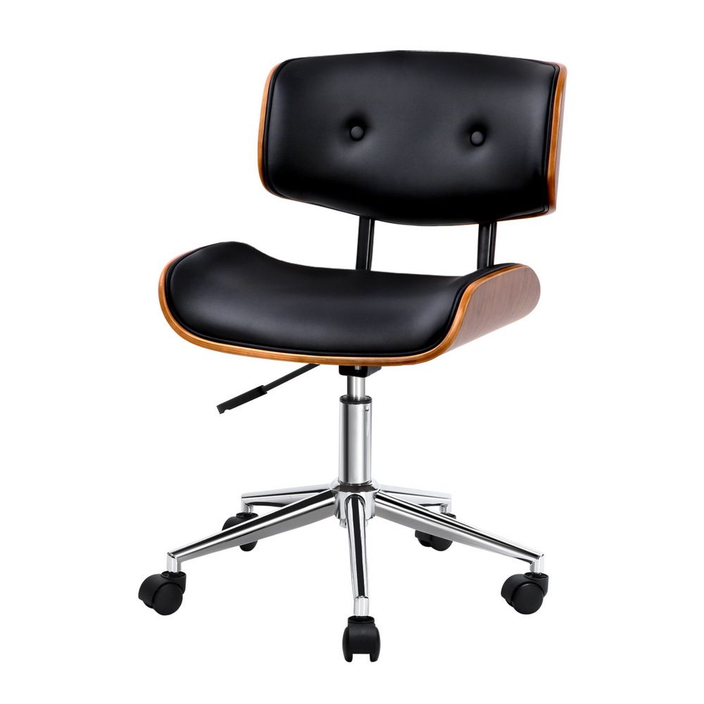 Office Desk Chair Wooden & PU Leather - Black