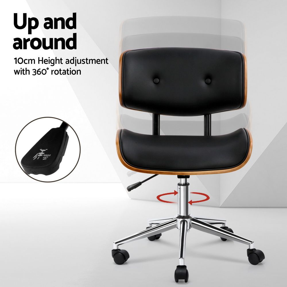 Office Desk Chair Wooden & PU Leather - Black