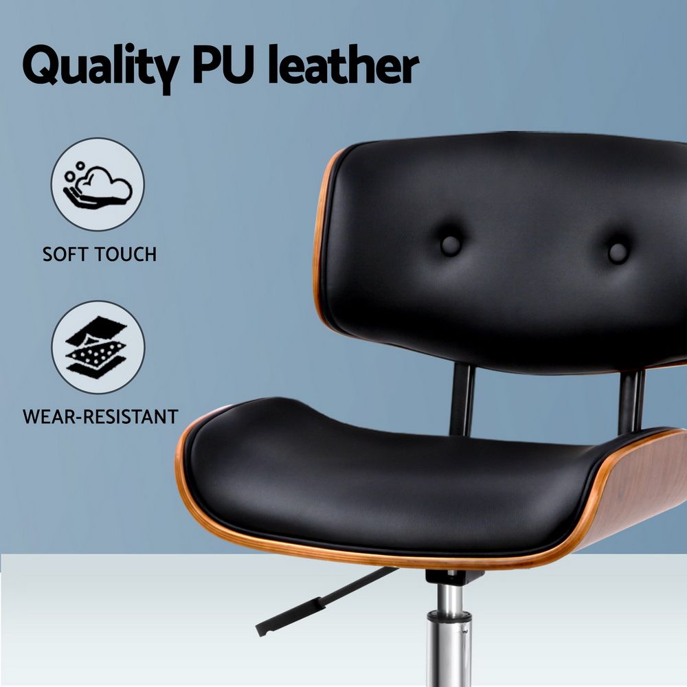 Office Desk Chair Wooden & PU Leather - Black
