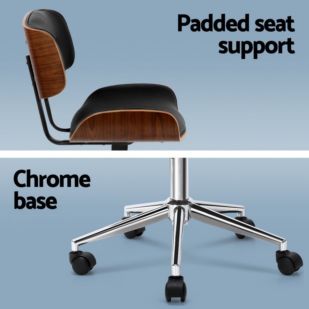 Office Desk Chair Wooden & PU Leather - Black
