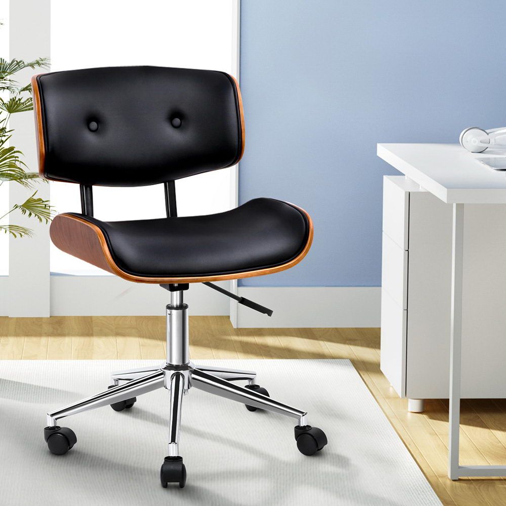 Office Desk Chair Wooden & PU Leather - Black