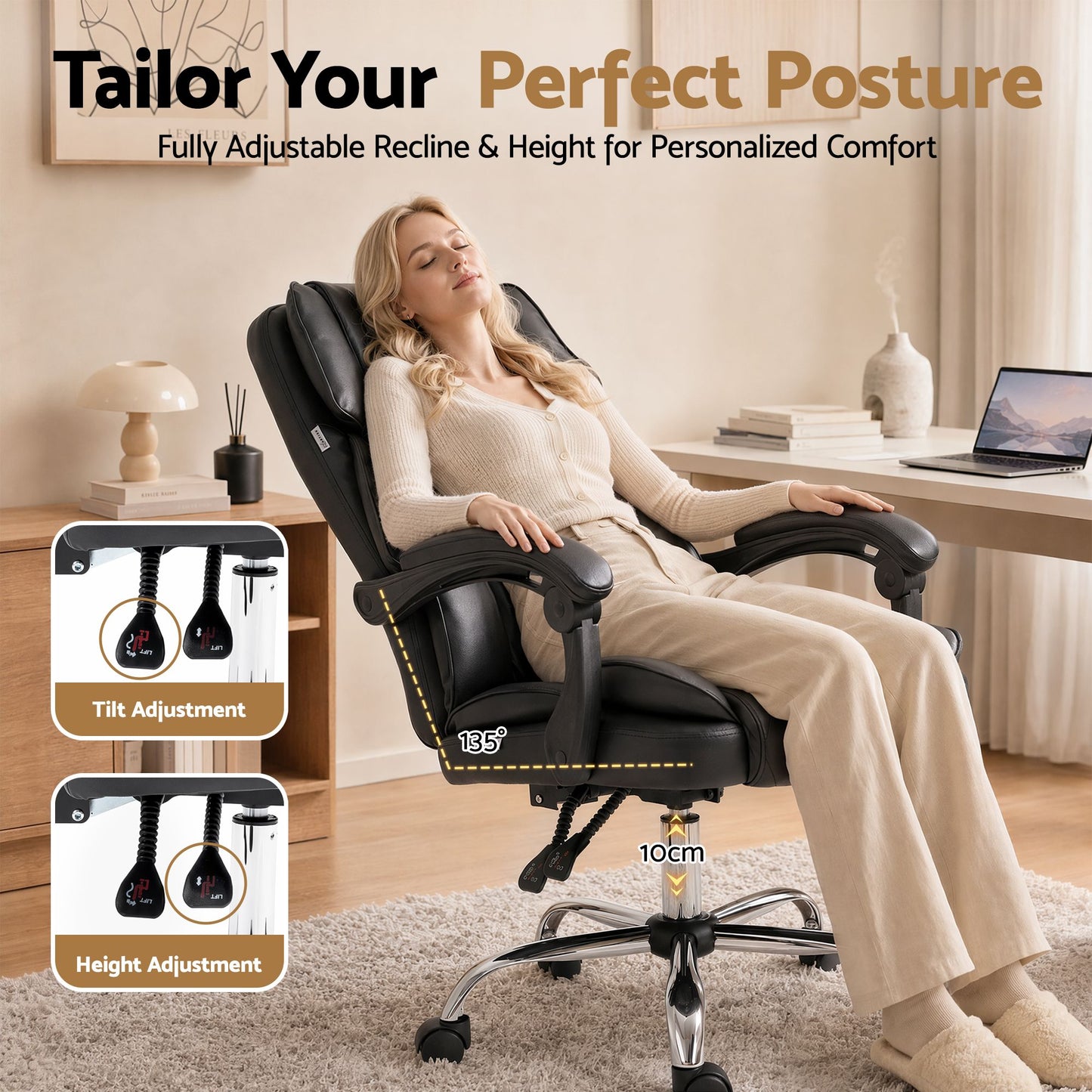 Executive Office Chair Leather Gaming Computer Desk Recliner - Black
