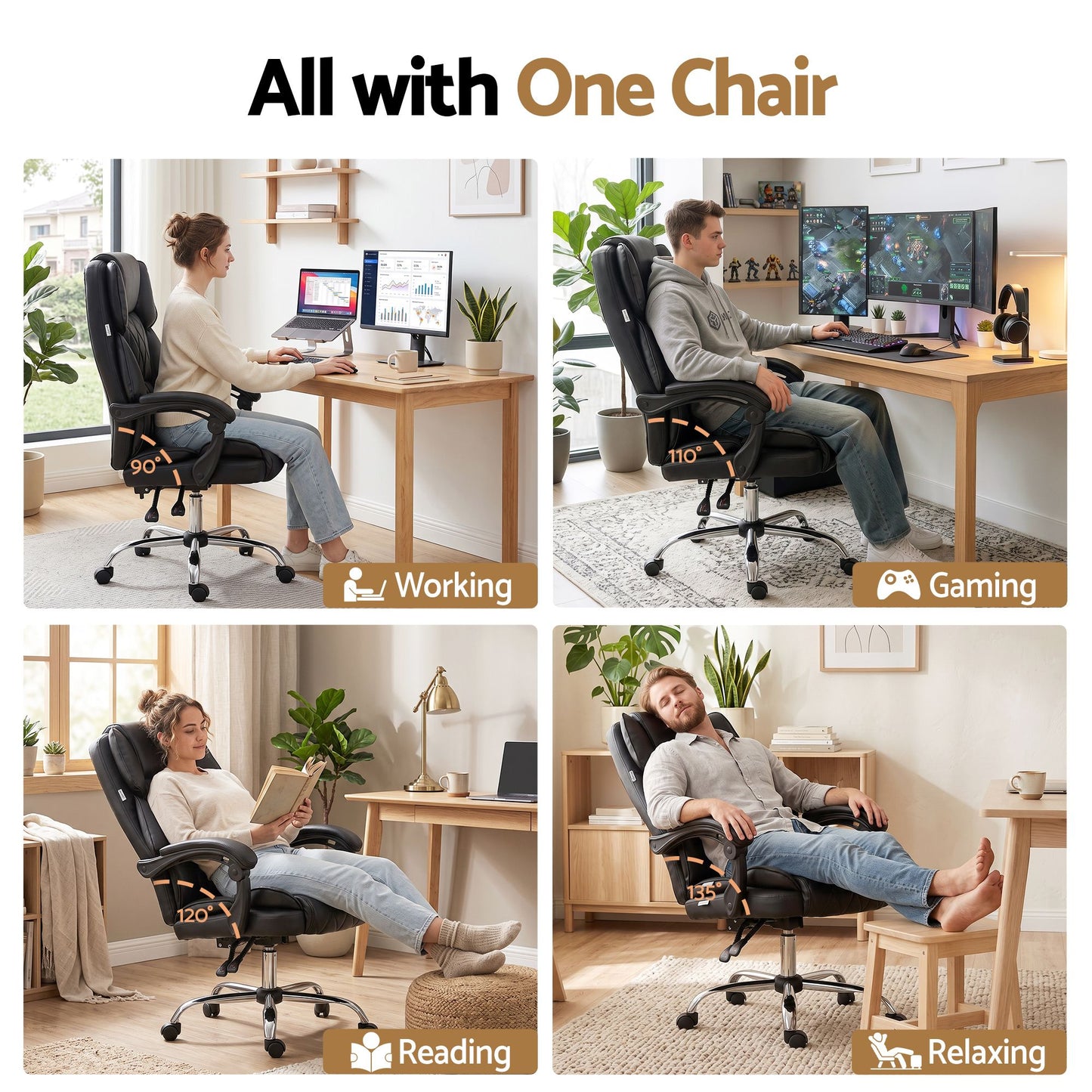 Executive Office Chair Leather Gaming Computer Desk Recliner - Black