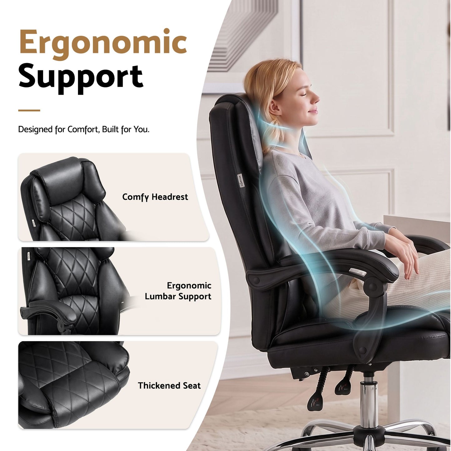 Executive Office Chair Leather Gaming Computer Desk Recliner - Black