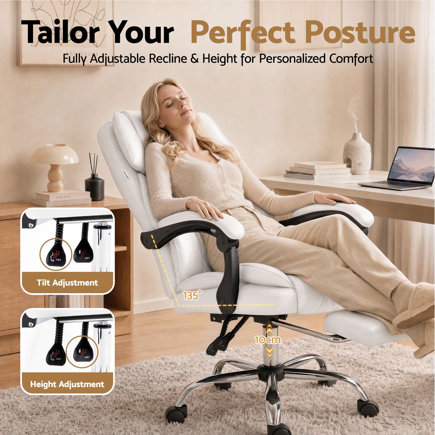 Executive Office Chair Leather with Footrest - White