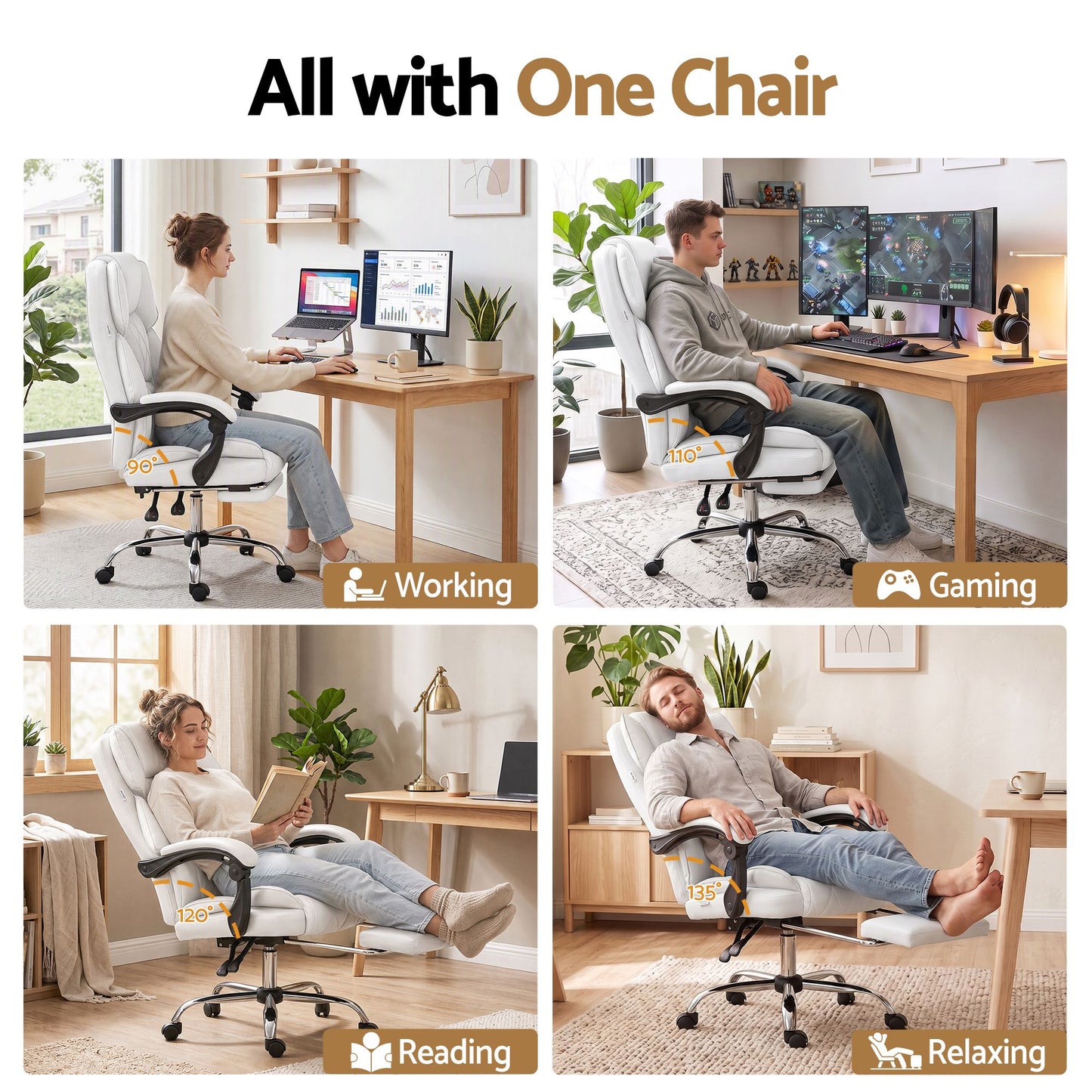 Executive Office Chair Leather with Footrest - White