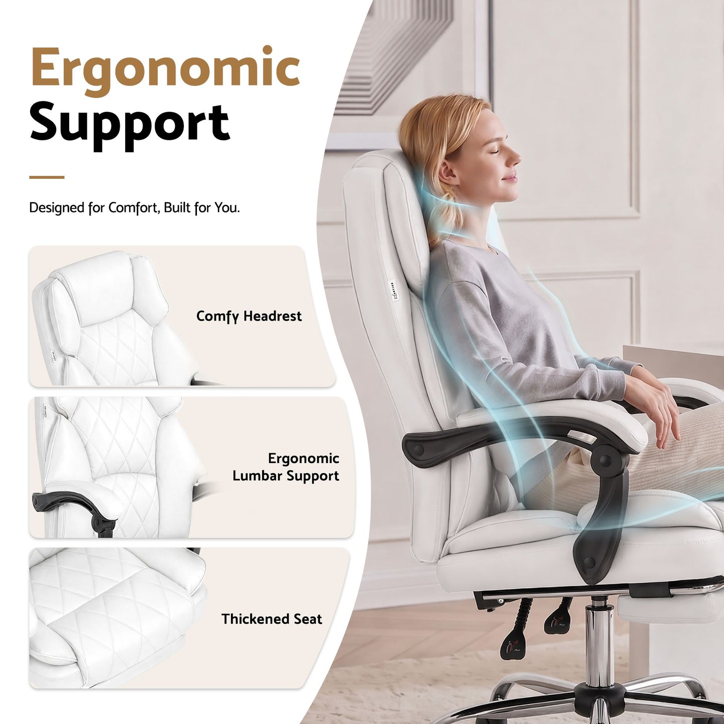 Executive Office Chair Leather with Footrest - White